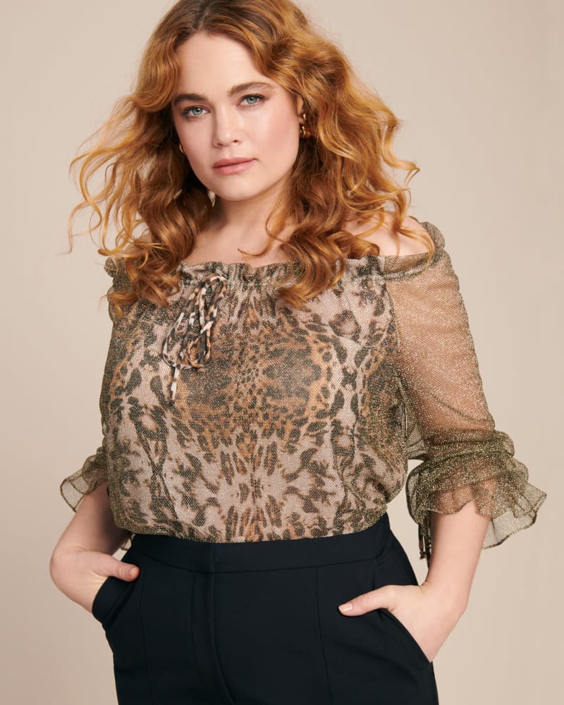 Front of a model wearing a size L Off-the-Shoulder Leopard Sparkle Top in Animal Print by Naeem Khan. | dia_product_style_image_id:222193